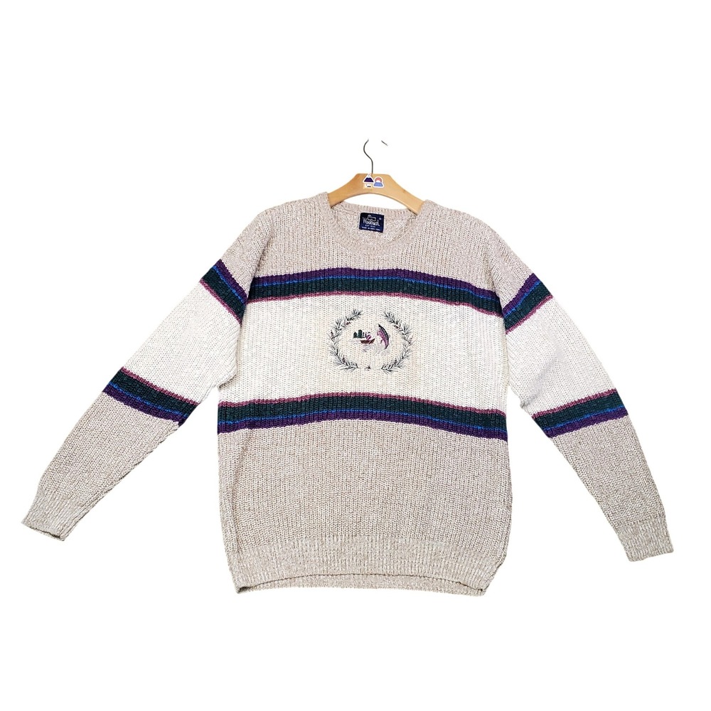 Vintage Woolrich Mens Embroidered Fishing Scene Striped Knit Sweater Oatmeal L